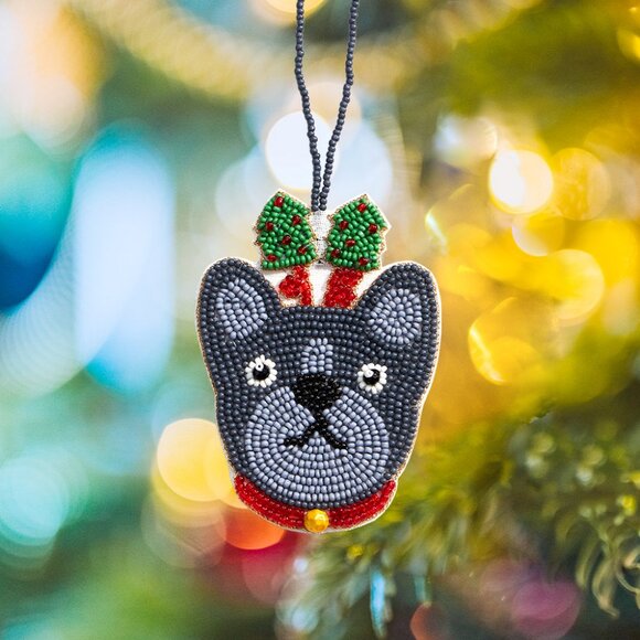 FRENCHIE FRENCH BULLDOG Dog Breed Seed Beaded Earrings & Christmas Ornament SET - Picture 3 of 6